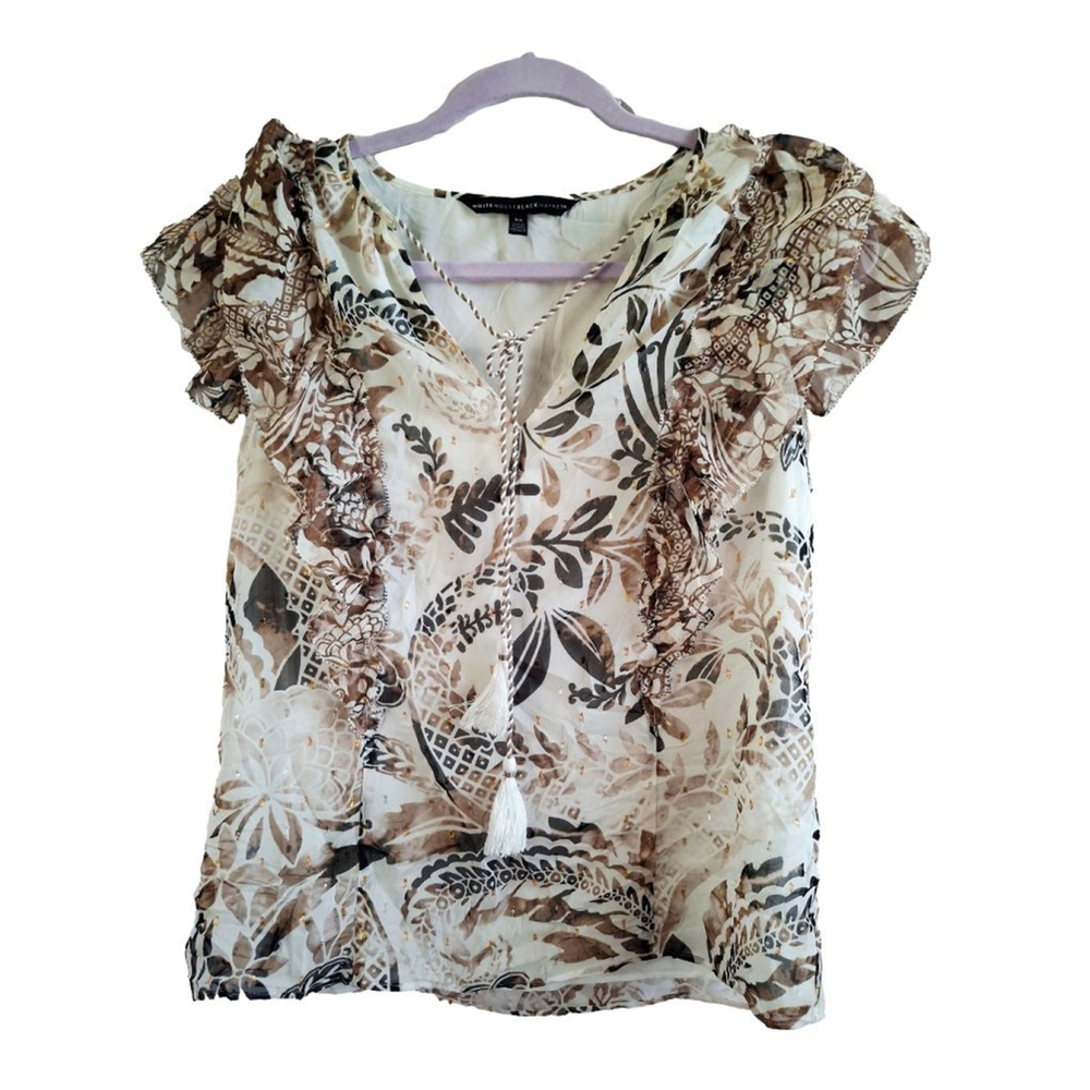 WHITE HOUSE BLACK MARKET Blouse XS White Brown Floral gold feminine fairycore